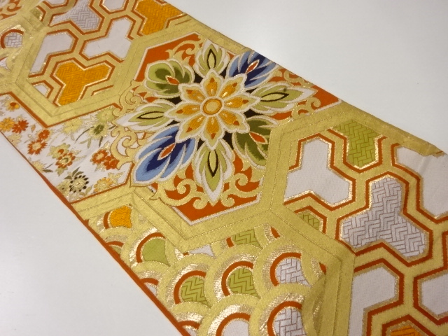 JAPANESE KIMONO / ANTIQUE FUKURO OBI / SILK / WOVEN BISHAMON KIKKO & FLORAL CREST
